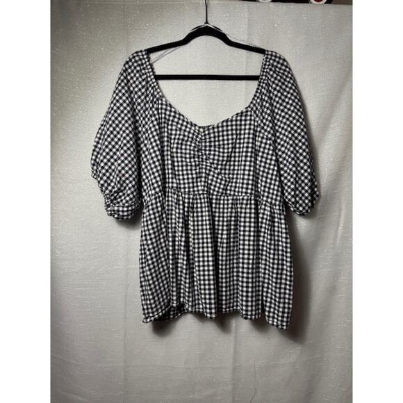 Terra & Sky Tops - TERRA & SKY BLUE PLAID TOP WITH PUFF SLEEVES SIZE 2XLARGE